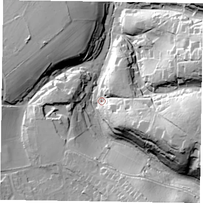 Shaded relief map of the ground around GU358DF, computed from Environment Agency LiDAR. The ground here sits at about 83 m above sea level and falls 48 m across the surrounding 800 m. Surface water reaching this point runs off ground lying to the east-south-east, 31.6 m higher.