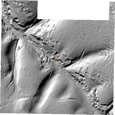 Shaded relief map of the ground around GU358NN, computed from Environment Agency LiDAR. The ground here sits at about 111 m above sea level and falls 50 m across the surrounding 800 m. Surface water reaching this point runs off ground lying to the north-east, 31.9 m higher.