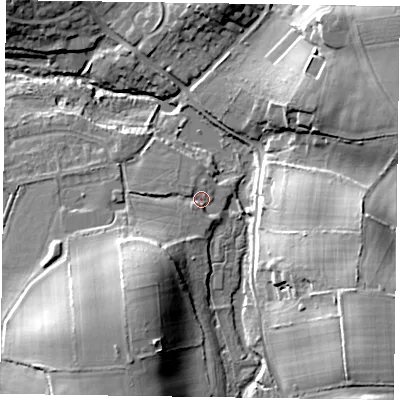 Shaded relief map of the ground around GU358RJ, computed from Environment Agency LiDAR. The ground here sits at about 73 m above sea level and falls 22 m across the surrounding 800 m. Surface water reaching this point runs off ground lying to the south-west, 11.3 m higher.