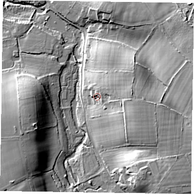 Shaded relief map of the ground around GU358RQ, computed from Environment Agency LiDAR. The ground here sits at about 78 m above sea level and falls 22 m across the surrounding 800 m. Surface water reaching this point runs off ground lying to the east, 12.0 m higher.