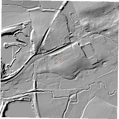 Shaded relief map of the ground around GU359FT, computed from Environment Agency LiDAR. The ground here sits at about 74 m above sea level and falls 14 m across the surrounding 800 m. Surface water reaching this point runs off ground lying to the east, 2.2 m higher.