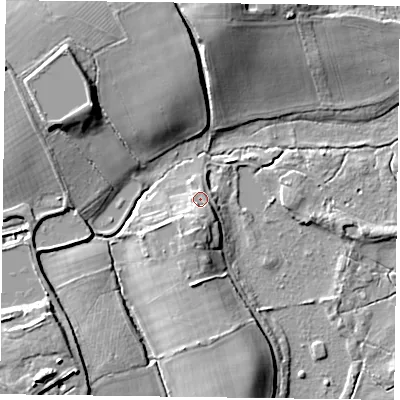 Shaded relief map of the ground around GU359JD, computed from Environment Agency LiDAR. The ground here sits at about 83 m above sea level and falls 14 m across the surrounding 800 m. Surface water reaching this point runs off ground lying to the south, 3.2 m higher.