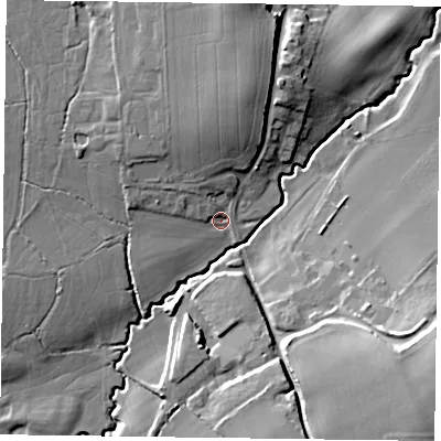 Shaded relief map of the ground around GU359JE, computed from Environment Agency LiDAR. The ground here sits at about 79 m above sea level and falls 22 m across the surrounding 800 m. Surface water reaching this point runs off ground lying to the west-north-west, 5.0 m higher.