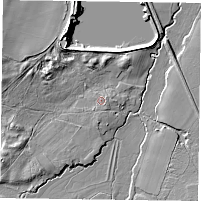 Shaded relief map of the ground around GU359JS, computed from Environment Agency LiDAR. The ground here sits at about 74 m above sea level and falls 14 m across the surrounding 800 m. Surface water reaching this point runs off ground lying to the south-east, 1.7 m higher.