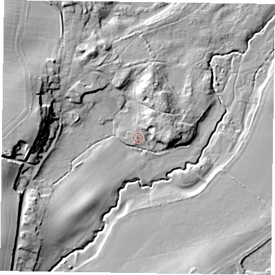 Shaded relief map of the ground around GU359JU, computed from Environment Agency LiDAR. The ground here sits at about 77 m above sea level and falls 19 m across the surrounding 800 m. Surface water reaching this point runs off ground lying to the north-north-east, 1.1 m higher.