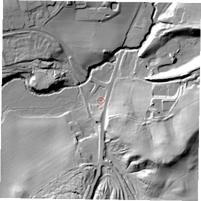 Shaded relief map of the ground around GU359LH, computed from Environment Agency LiDAR. The ground here sits at about 68 m above sea level and falls 37 m across the surrounding 800 m. Surface water reaching this point runs off ground lying to the south, 5.4 m higher.