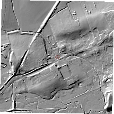 Shaded relief map of the ground around GU359NG, computed from Environment Agency LiDAR. The ground here sits at about 71 m above sea level and falls 15 m across the surrounding 800 m. Surface water reaching this point runs off ground lying to the west, 9.3 m higher.