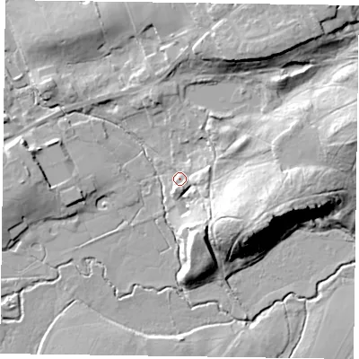 Shaded relief map of the ground around GU359NH, computed from Environment Agency LiDAR. The ground here sits at about 73 m above sea level and falls 24 m across the surrounding 800 m. Surface water reaching this point runs off ground lying to the east, 6.0 m higher.
