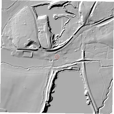 Shaded relief map of the ground around GU359NJ, computed from Environment Agency LiDAR. The ground here sits at about 71 m above sea level and falls 16 m across the surrounding 800 m. Surface water reaching this point runs off ground lying to the north-west, 10.5 m higher.
