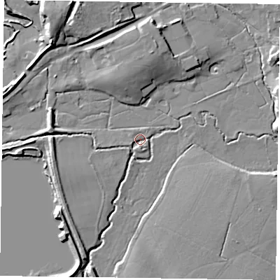 Shaded relief map of the ground around GU359NL, computed from Environment Agency LiDAR. The ground here sits at about 69 m above sea level and falls 13 m across the surrounding 800 m. Surface water reaching this point runs off ground lying to the south-west, 7.7 m higher.
