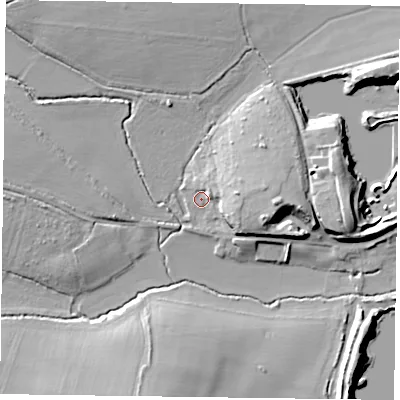 Shaded relief map of the ground around GU359NP, computed from Environment Agency LiDAR. The ground here sits at about 73 m above sea level and falls 13 m across the surrounding 800 m. Surface water reaching this point runs off ground lying to the east, 6.7 m higher.