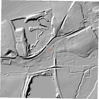 Shaded relief map of the ground around GU359NZ, computed from Environment Agency LiDAR. The ground here sits at about 71 m above sea level and falls 13 m across the surrounding 800 m. Surface water reaching this point runs off ground lying to the west, 11.7 m higher.