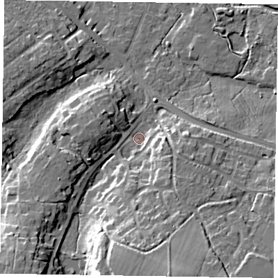 Shaded relief map of the ground around GU466AN, computed from Environment Agency LiDAR. The ground here sits at about 61 m above sea level and falls 25 m across the surrounding 800 m. Surface water reaching this point runs off ground lying to the south, 18.4 m higher.