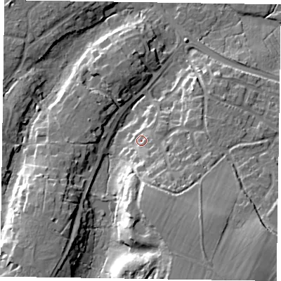Shaded relief map of the ground around GU466AR, computed from Environment Agency LiDAR. The ground here sits at about 67 m above sea level and falls 25 m across the surrounding 800 m. Surface water reaching this point runs off ground lying to the south-south-east, 13.7 m higher.