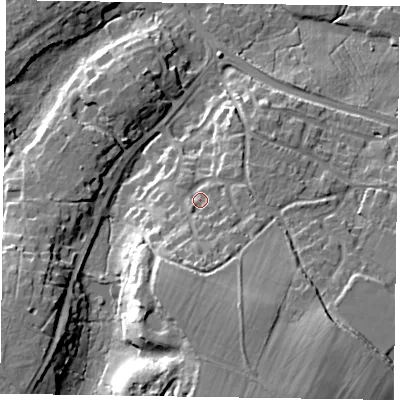 Shaded relief map of the ground around GU466BJ, computed from Environment Agency LiDAR. The ground here sits at about 68 m above sea level and falls 25 m across the surrounding 800 m. Surface water reaching this point runs off ground lying to the south, 8.7 m higher.