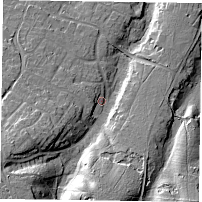 Shaded relief map of the ground around GU466BY, computed from Environment Agency LiDAR. The ground here sits at about 78 m above sea level and falls 30 m across the surrounding 800 m. Surface water reaching this point runs off ground lying to the south-west, 22.0 m higher.