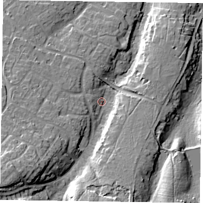 Shaded relief map of the ground around GU466DA, computed from Environment Agency LiDAR. The ground here sits at about 75 m above sea level and falls 30 m across the surrounding 800 m. Surface water reaching this point runs off ground lying to the south-west, 23.0 m higher.