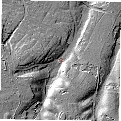 Shaded relief map of the ground around GU466DB, computed from Environment Agency LiDAR. The ground here sits at about 80 m above sea level and falls 30 m across the surrounding 800 m. Surface water reaching this point runs off ground lying to the south-west, 22.0 m higher.