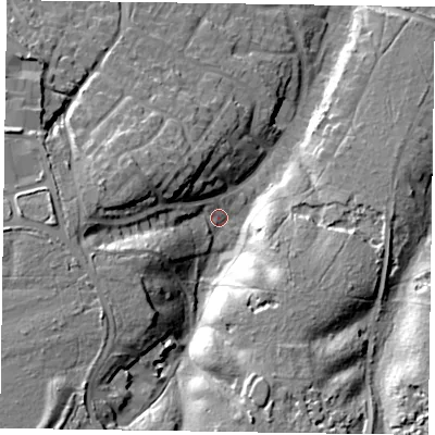 Shaded relief map of the ground around GU466DD, computed from Environment Agency LiDAR. The ground here sits at about 82 m above sea level and falls 28 m across the surrounding 800 m. Surface water reaching this point runs off ground lying to the south-west, 18.8 m higher.