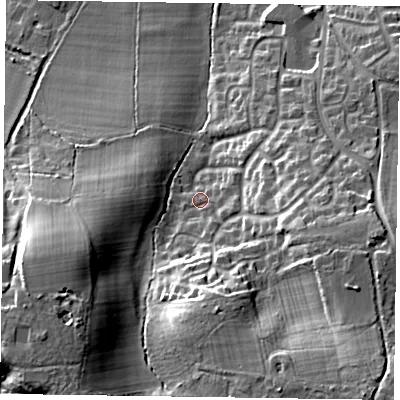 Shaded relief map of the ground around GU466FG, computed from Environment Agency LiDAR. The ground here sits at about 76 m above sea level and falls 29 m across the surrounding 800 m. Surface water reaching this point runs off ground lying to the south-east, 20.8 m higher.