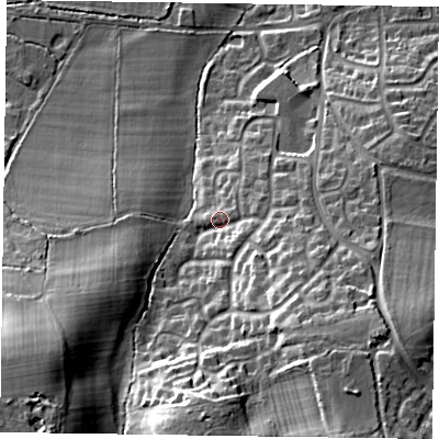 Shaded relief map of the ground around GU466FJ, computed from Environment Agency LiDAR. The ground here sits at about 75 m above sea level and falls 27 m across the surrounding 800 m. Surface water reaching this point runs off ground lying to the south-east, 10.9 m higher.
