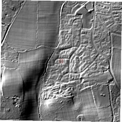 Shaded relief map of the ground around GU466FL, computed from Environment Agency LiDAR. The ground here sits at about 75 m above sea level and falls 28 m across the surrounding 800 m. Surface water reaching this point runs off ground lying to the south-east, 20.0 m higher.