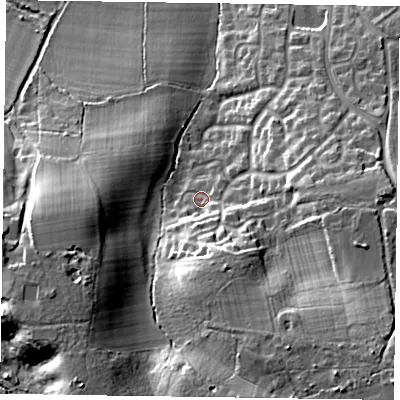 Shaded relief map of the ground around GU466FN, computed from Environment Agency LiDAR. The ground here sits at about 79 m above sea level and falls 29 m across the surrounding 800 m. Surface water reaching this point runs off ground lying to the south-south-east, 11.1 m higher.