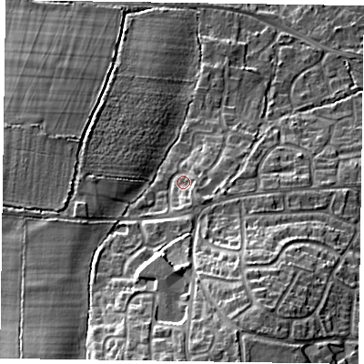 Shaded relief map of the ground around GU466LJ, computed from Environment Agency LiDAR. The ground here sits at about 66 m above sea level and falls 21 m across the surrounding 800 m. Surface water reaching this point runs off ground lying to the south-south-east, 14.2 m higher.