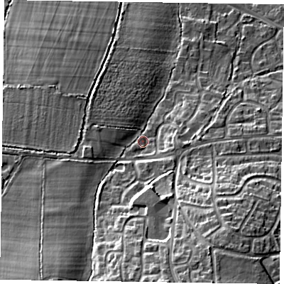 Shaded relief map of the ground around GU466LL, computed from Environment Agency LiDAR. The ground here sits at about 66 m above sea level and falls 21 m across the surrounding 800 m. Surface water reaching this point runs off ground lying to the south, 14.2 m higher.