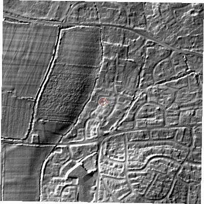 Shaded relief map of the ground around GU466LN, computed from Environment Agency LiDAR. The ground here sits at about 64 m above sea level and falls 21 m across the surrounding 800 m. Surface water reaching this point runs off ground lying to the south, 4.7 m higher.