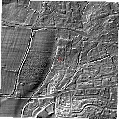 Shaded relief map of the ground around GU466LP, computed from Environment Agency LiDAR. The ground here sits at about 62 m above sea level and falls 20 m across the surrounding 800 m. Surface water reaching this point runs off ground lying to the south, 5.9 m higher.