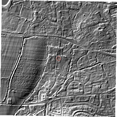 Shaded relief map of the ground around GU466LW, computed from Environment Agency LiDAR. The ground here sits at about 61 m above sea level and falls 18 m across the surrounding 800 m. Surface water reaching this point runs off ground lying to the south, 10.5 m higher.