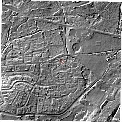Shaded relief map of the ground around GU466QD, computed from Environment Agency LiDAR. The ground here sits at about 65 m above sea level and falls 21 m across the surrounding 800 m. Surface water reaching this point runs off ground lying to the south-west, 14.0 m higher.
