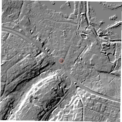Shaded relief map of the ground around GU467AB, computed from Environment Agency LiDAR. The ground here sits at about 58 m above sea level and falls 14 m across the surrounding 800 m. Surface water reaching this point runs off ground lying to the south-south-west, 11.3 m higher.