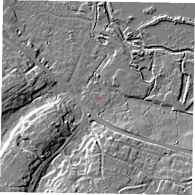 Shaded relief map of the ground around GU467AD, computed from Environment Agency LiDAR. The ground here sits at about 58 m above sea level and falls 15 m across the surrounding 800 m. Surface water reaching this point runs off ground lying to the south-south-east, 10.9 m higher.