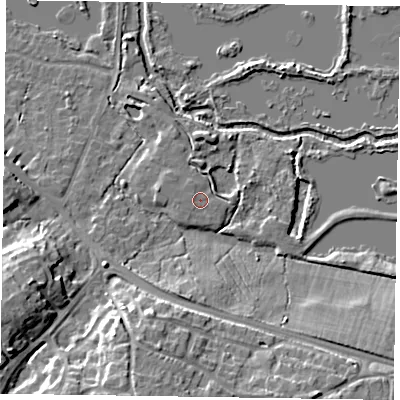 Shaded relief map of the ground around GU467AE, computed from Environment Agency LiDAR. The ground here sits at about 58 m above sea level and falls 14 m across the surrounding 800 m. Surface water reaching this point runs off ground lying to the west-north-west, 0.6 m higher.