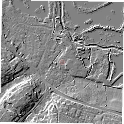 Shaded relief map of the ground around GU467AF, computed from Environment Agency LiDAR. The ground here sits at about 58 m above sea level and falls 14 m across the surrounding 800 m. Surface water reaching this point runs off ground lying to the south-east, 1.1 m higher.