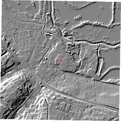 Shaded relief map of the ground around GU467AG, computed from Environment Agency LiDAR. The ground here sits at about 58 m above sea level and falls 14 m across the surrounding 800 m. Surface water reaching this point runs off ground lying to the west, 0.6 m higher.