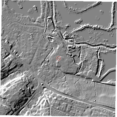 Shaded relief map of the ground around GU467AL, computed from Environment Agency LiDAR. The ground here sits at about 58 m above sea level and falls 14 m across the surrounding 800 m. Surface water reaching this point runs off ground lying to the east-north-east, 0.7 m higher.