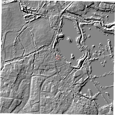 Shaded relief map of the ground around GU467AS, computed from Environment Agency LiDAR. The ground here sits at about 55 m above sea level and falls 7 m across the surrounding 800 m. Surface water reaching this point runs off ground lying to the north-west, 0.7 m higher.