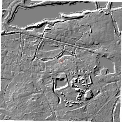 Shaded relief map of the ground around GU467AU, computed from Environment Agency LiDAR. The ground here sits at about 57 m above sea level and falls 12 m across the surrounding 800 m. Surface water reaching this point runs off ground lying to the south-south-east, 7.9 m higher.
