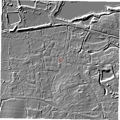 Shaded relief map of the ground around GU467PN, computed from Environment Agency LiDAR. The ground here sits at about 56 m above sea level and falls 10 m across the surrounding 800 m. Surface water reaching this point runs off ground lying to the south-south-east, 3.0 m higher.