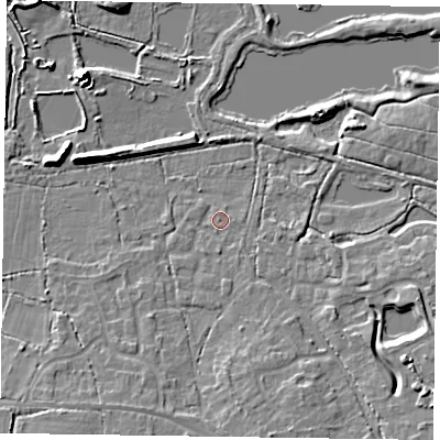 Shaded relief map of the ground around GU467PW, computed from Environment Agency LiDAR. The ground here sits at about 56 m above sea level and falls 10 m across the surrounding 800 m. Surface water reaching this point runs off ground lying to the south-south-east, 3.7 m higher.