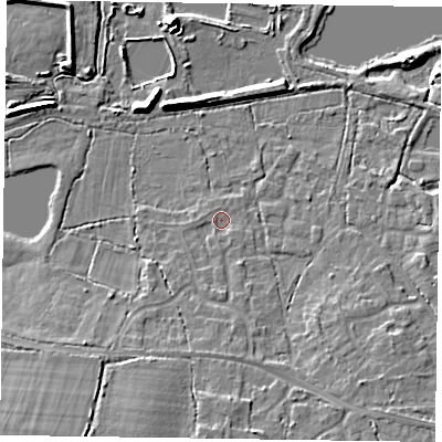 Shaded relief map of the ground around GU467PZ, computed from Environment Agency LiDAR. The ground here sits at about 56 m above sea level and falls 12 m across the surrounding 800 m. Surface water reaching this point runs off ground lying to the south-south-east, 2.5 m higher.