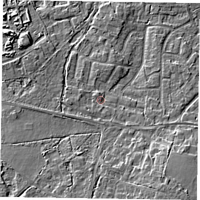 Shaded relief map of the ground around GU467QN, computed from Environment Agency LiDAR. The ground here sits at about 61 m above sea level and falls 13 m across the surrounding 800 m. Surface water reaching this point runs off ground lying to the south-west, 7.0 m higher.