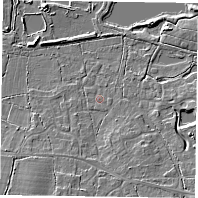 Shaded relief map of the ground around GU467QP, computed from Environment Agency LiDAR. The ground here sits at about 57 m above sea level and falls 11 m across the surrounding 800 m. Surface water reaching this point runs off ground lying to the east-south-east, 1.0 m higher.