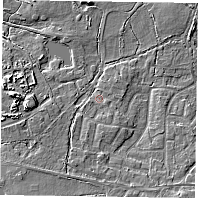 Shaded relief map of the ground around GU467QR, computed from Environment Agency LiDAR. The ground here sits at about 58 m above sea level and falls 10 m across the surrounding 800 m. Surface water reaching this point runs off ground lying to the south-south-west, 3.8 m higher.