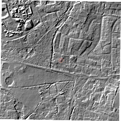 Shaded relief map of the ground around GU467QS, computed from Environment Agency LiDAR. The ground here sits at about 61 m above sea level and falls 12 m across the surrounding 800 m. Surface water reaching this point runs off ground lying to the south-south-west, 1.0 m higher.