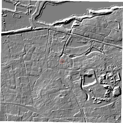 Shaded relief map of the ground around GU467QZ, computed from Environment Agency LiDAR. The ground here sits at about 57 m above sea level and falls 12 m across the surrounding 800 m. Surface water reaching this point runs off ground lying to the south-east, 5.8 m higher.