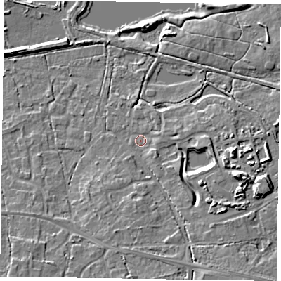 Shaded relief map of the ground around GU467RA, computed from Environment Agency LiDAR. The ground here sits at about 57 m above sea level and falls 12 m across the surrounding 800 m. Surface water reaching this point runs off ground lying to the south-east, 5.2 m higher.